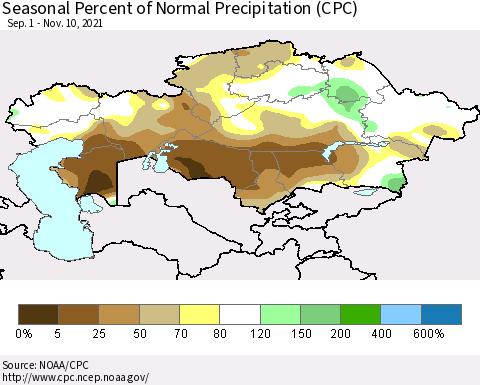 Kazakhstan Seasonal Percent of Normal Precipitation (CPC) Thematic Map For 9/1/2021 - 11/10/2021