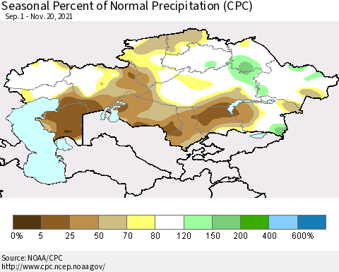 Kazakhstan Seasonal Percent of Normal Precipitation (CPC) Thematic Map For 9/1/2021 - 11/20/2021