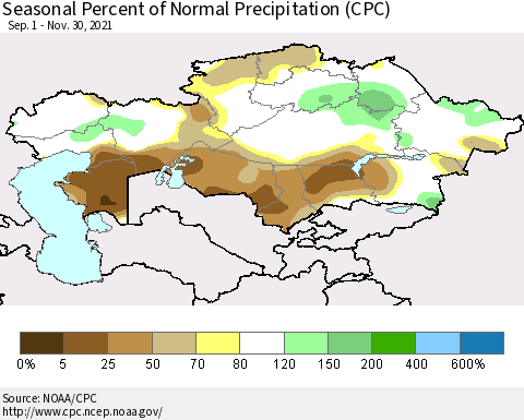 Kazakhstan Seasonal Percent of Normal Precipitation (CPC) Thematic Map For 9/1/2021 - 11/30/2021