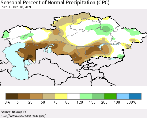 Kazakhstan Seasonal Percent of Normal Precipitation (CPC) Thematic Map For 9/1/2021 - 12/10/2021