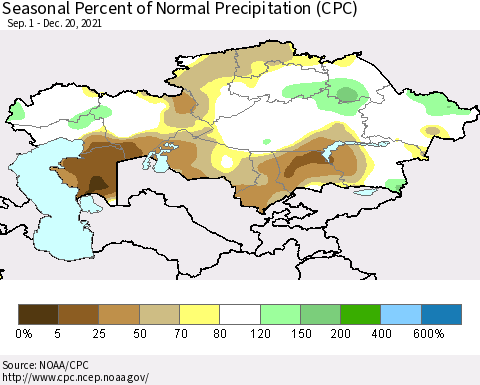 Kazakhstan Seasonal Percent of Normal Precipitation (CPC) Thematic Map For 9/1/2021 - 12/20/2021