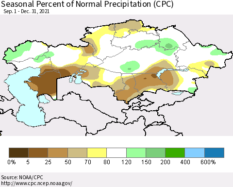 Kazakhstan Seasonal Percent of Normal Precipitation (CPC) Thematic Map For 9/1/2021 - 12/31/2021