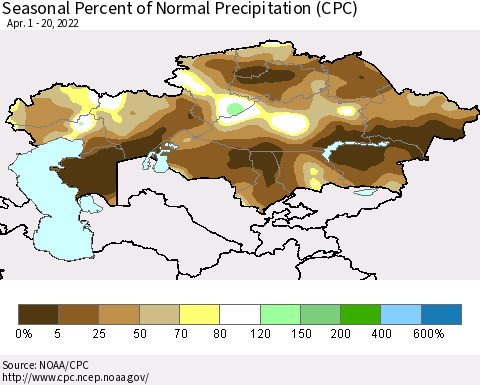 Kazakhstan Seasonal Percent of Normal Precipitation (CPC) Thematic Map For 4/1/2022 - 4/20/2022