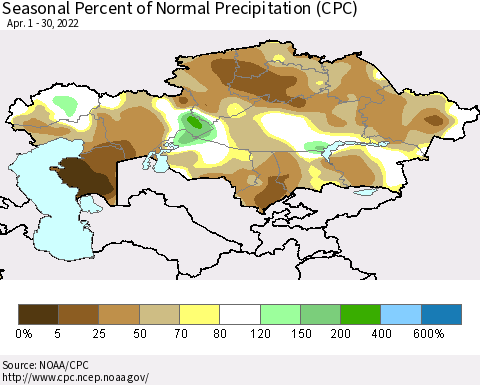 Kazakhstan Seasonal Percent of Normal Precipitation (CPC) Thematic Map For 4/1/2022 - 4/30/2022
