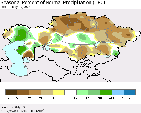 Kazakhstan Seasonal Percent of Normal Precipitation (CPC) Thematic Map For 4/1/2022 - 5/10/2022