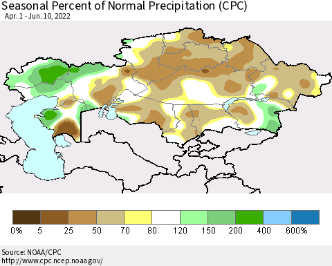 Kazakhstan Seasonal Percent of Normal Precipitation (CPC) Thematic Map For 4/1/2022 - 6/10/2022