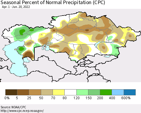 Kazakhstan Seasonal Percent of Normal Precipitation (CPC) Thematic Map For 4/1/2022 - 6/20/2022