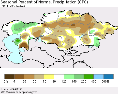 Kazakhstan Seasonal Percent of Normal Precipitation (CPC) Thematic Map For 4/1/2022 - 6/30/2022