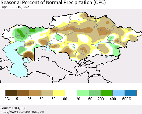 Kazakhstan Seasonal Percent of Normal Precipitation (CPC) Thematic Map For 4/1/2022 - 7/10/2022