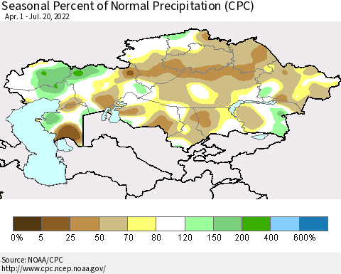 Kazakhstan Seasonal Percent of Normal Precipitation (CPC) Thematic Map For 4/1/2022 - 7/20/2022