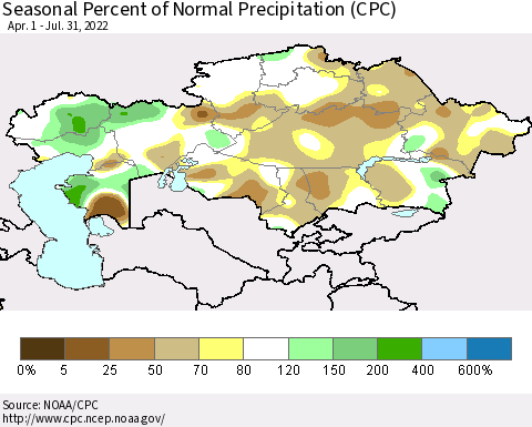 Kazakhstan Seasonal Percent of Normal Precipitation (CPC) Thematic Map For 4/1/2022 - 7/31/2022