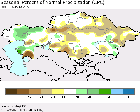 Kazakhstan Seasonal Percent of Normal Precipitation (CPC) Thematic Map For 4/1/2022 - 8/10/2022