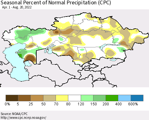 Kazakhstan Seasonal Percent of Normal Precipitation (CPC) Thematic Map For 4/1/2022 - 8/20/2022