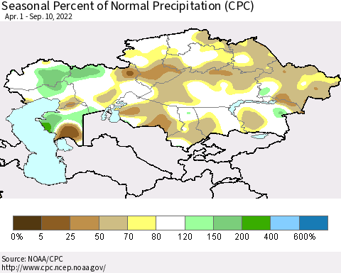 Kazakhstan Seasonal Percent of Normal Precipitation (CPC) Thematic Map For 4/1/2022 - 9/10/2022