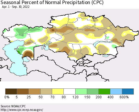 Kazakhstan Seasonal Percent of Normal Precipitation (CPC) Thematic Map For 4/1/2022 - 9/30/2022