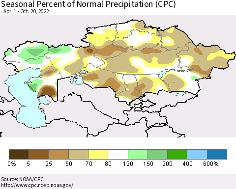 Kazakhstan Seasonal Percent of Normal Precipitation (CPC) Thematic Map For 4/1/2022 - 10/20/2022