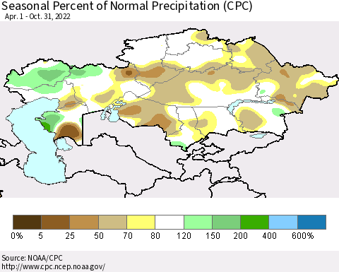 Kazakhstan Seasonal Percent of Normal Precipitation (CPC) Thematic Map For 4/1/2022 - 10/31/2022