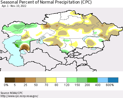 Kazakhstan Seasonal Percent of Normal Precipitation (CPC) Thematic Map For 4/1/2022 - 11/10/2022