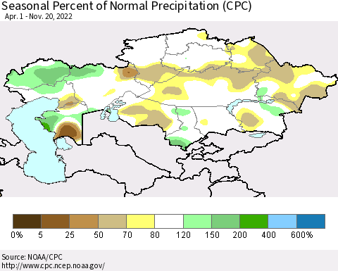 Kazakhstan Seasonal Percent of Normal Precipitation (CPC) Thematic Map For 4/1/2022 - 11/20/2022