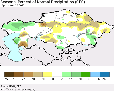 Kazakhstan Seasonal Percent of Normal Precipitation (CPC) Thematic Map For 4/1/2022 - 11/30/2022
