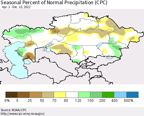Kazakhstan Seasonal Percent of Normal Precipitation (CPC) Thematic Map For 4/1/2022 - 12/10/2022