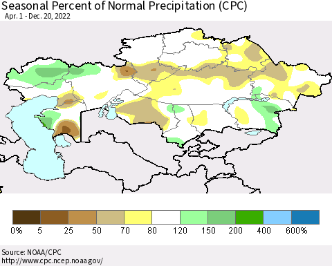 Kazakhstan Seasonal Percent of Normal Precipitation (CPC) Thematic Map For 4/1/2022 - 12/20/2022