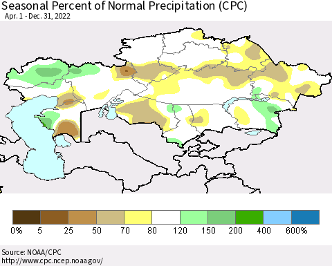 Kazakhstan Seasonal Percent of Normal Precipitation (CPC) Thematic Map For 4/1/2022 - 12/31/2022