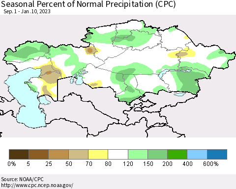 Kazakhstan Seasonal Percent of Normal Precipitation (CPC) Thematic Map For 9/1/2022 - 1/10/2023