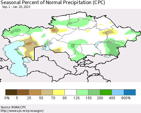Kazakhstan Seasonal Percent of Normal Precipitation (CPC) Thematic Map For 9/1/2022 - 1/20/2023