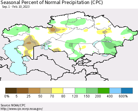 Kazakhstan Seasonal Percent of Normal Precipitation (CPC) Thematic Map For 9/1/2022 - 2/10/2023