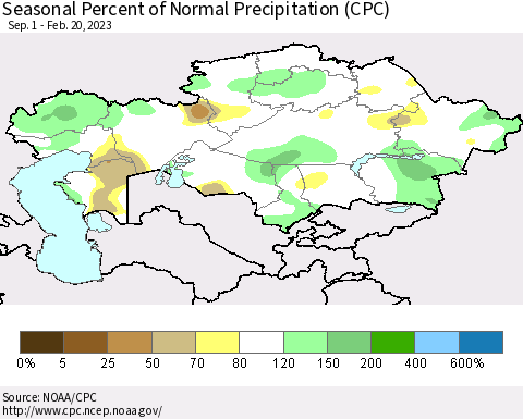 Kazakhstan Seasonal Percent of Normal Precipitation (CPC) Thematic Map For 9/1/2022 - 2/20/2023