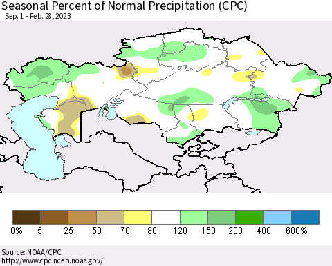 Kazakhstan Seasonal Percent of Normal Precipitation (CPC) Thematic Map For 9/1/2022 - 2/28/2023