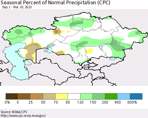 Kazakhstan Seasonal Percent of Normal Precipitation (CPC) Thematic Map For 9/1/2022 - 3/10/2023