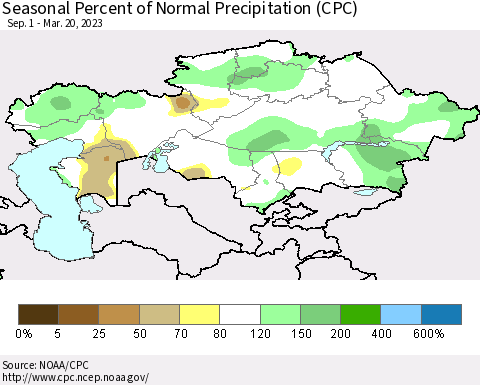 Kazakhstan Seasonal Percent of Normal Precipitation (CPC) Thematic Map For 9/1/2022 - 3/20/2023