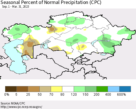 Kazakhstan Seasonal Percent of Normal Precipitation (CPC) Thematic Map For 9/1/2022 - 3/31/2023