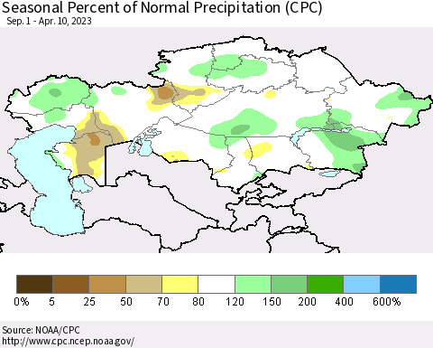 Kazakhstan Seasonal Percent of Normal Precipitation (CPC) Thematic Map For 9/1/2022 - 4/10/2023