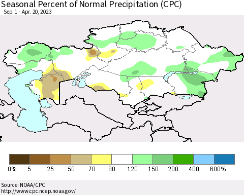 Kazakhstan Seasonal Percent of Normal Precipitation (CPC) Thematic Map For 9/1/2022 - 4/20/2023