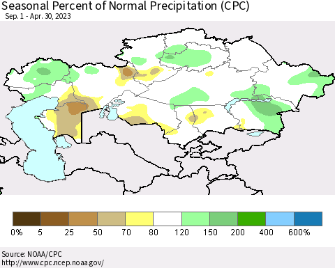 Kazakhstan Seasonal Percent of Normal Precipitation (CPC) Thematic Map For 9/1/2022 - 4/30/2023