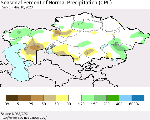 Kazakhstan Seasonal Percent of Normal Precipitation (CPC) Thematic Map For 9/1/2022 - 5/10/2023