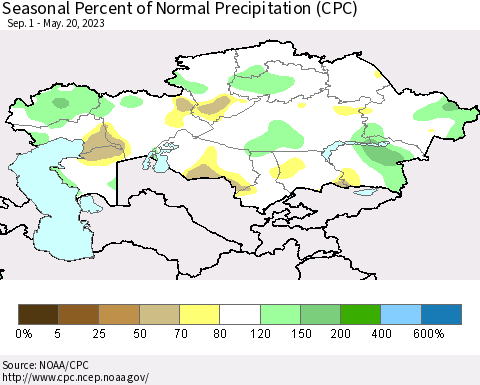 Kazakhstan Seasonal Percent of Normal Precipitation (CPC) Thematic Map For 9/1/2022 - 5/20/2023