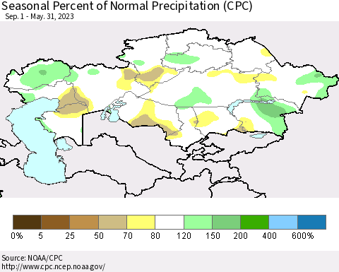 Kazakhstan Seasonal Percent of Normal Precipitation (CPC) Thematic Map For 9/1/2022 - 5/31/2023