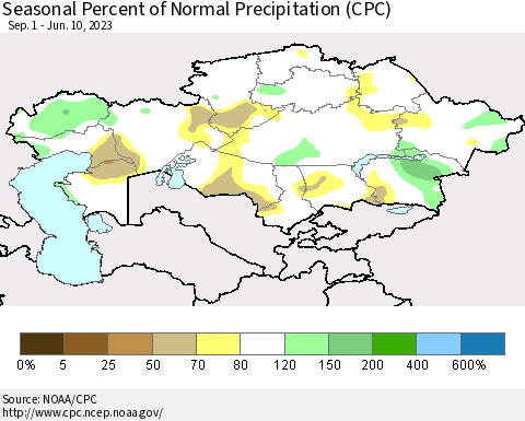 Kazakhstan Seasonal Percent of Normal Precipitation (CPC) Thematic Map For 9/1/2022 - 6/10/2023