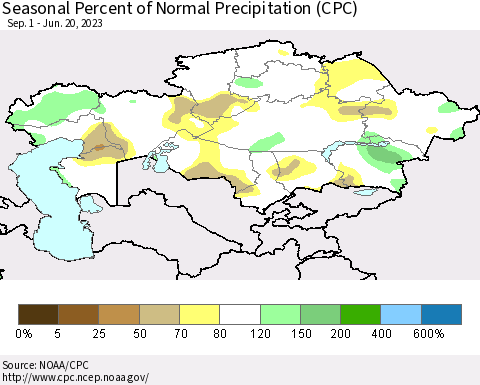 Kazakhstan Seasonal Percent of Normal Precipitation (CPC) Thematic Map For 9/1/2022 - 6/20/2023
