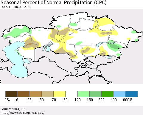 Kazakhstan Seasonal Percent of Normal Precipitation (CPC) Thematic Map For 9/1/2022 - 6/30/2023