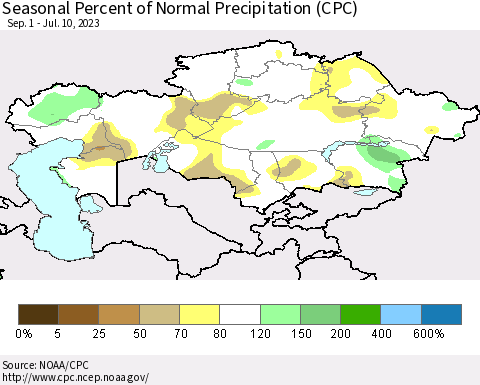 Kazakhstan Seasonal Percent of Normal Precipitation (CPC) Thematic Map For 9/1/2022 - 7/10/2023