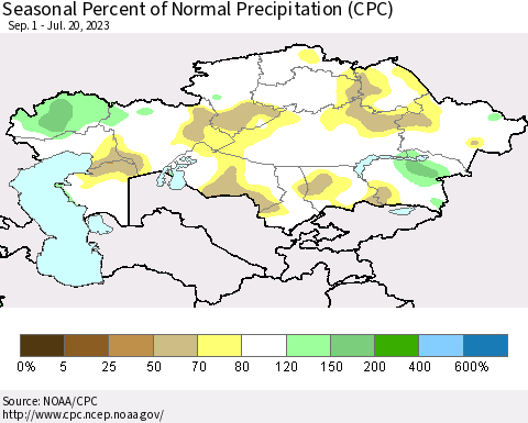 Kazakhstan Seasonal Percent of Normal Precipitation (CPC) Thematic Map For 9/1/2022 - 7/20/2023