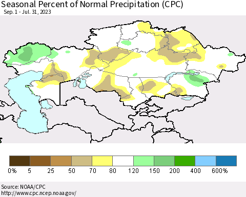 Kazakhstan Seasonal Percent of Normal Precipitation (CPC) Thematic Map For 9/1/2022 - 7/31/2023