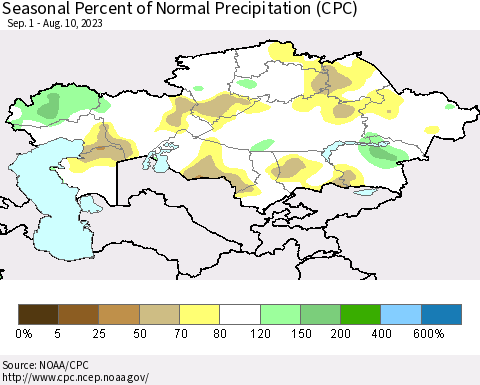 Kazakhstan Seasonal Percent of Normal Precipitation (CPC) Thematic Map For 9/1/2022 - 8/10/2023