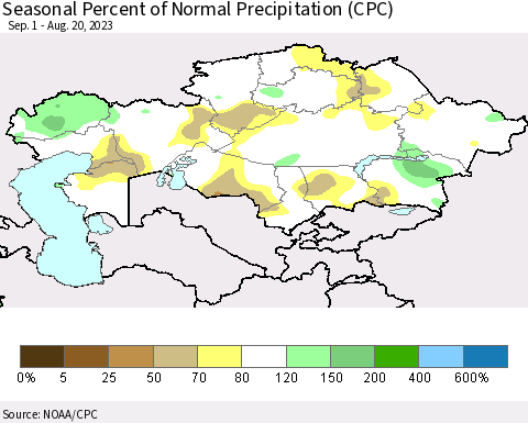 Kazakhstan Seasonal Percent of Normal Precipitation (CPC) Thematic Map For 9/1/2022 - 8/20/2023