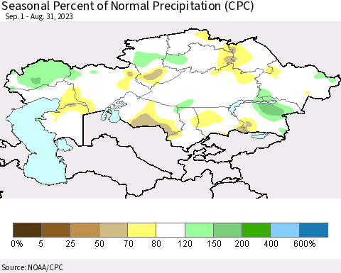 Kazakhstan Seasonal Percent of Normal Precipitation (CPC) Thematic Map For 9/1/2022 - 8/31/2023